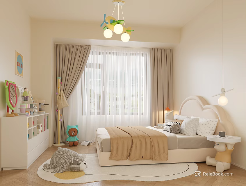 Cozy Kids Room Interior with Chandelier Curtains Window Bed Bookshelf and Stuffed Toys 3d model 