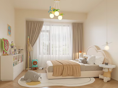 Cozy Kids Room Interior with Chandelier Curtains Window Bed Bookshelf and Stuffed Toys 3d model