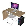 Modern Wooden Desk Setup With Computer Monitor Keyboard Mouse And RGB Lighting PC Tower
