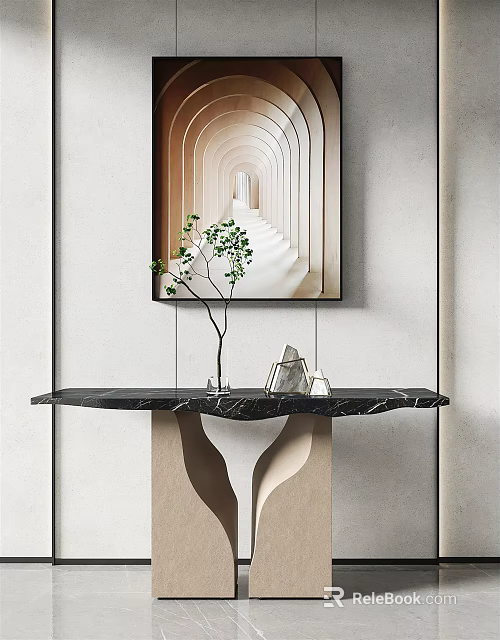 Modern Console Table With Marble Top Green Plant And Abstract Wall Art 3d model 