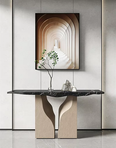 Modern Console Table With Marble Top Green Plant And Abstract Wall Art 3d model