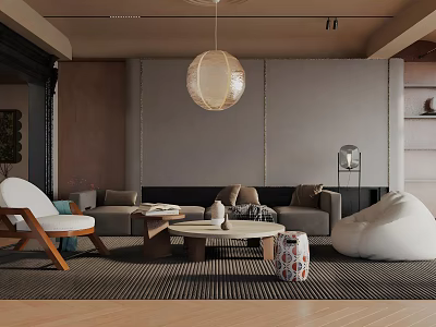 Modern Living Room Interior With Sofa Coffee Table Pendant Lamp And Bean Bag Chair 3d model