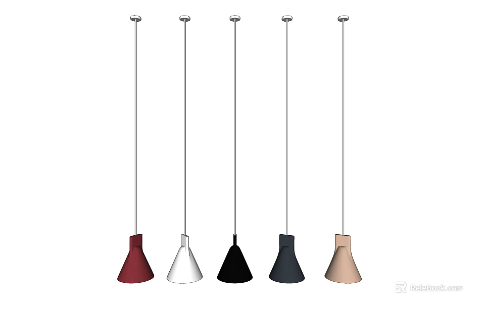 Modern Pendant Lights With Conical Shades In Various Colors And Slender Hanging Rods 3d model 