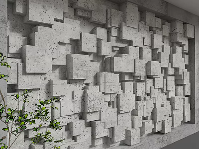 Concrete Background Wall With 3D Irregular Cube Pattern And Green Plant Decor 3d model