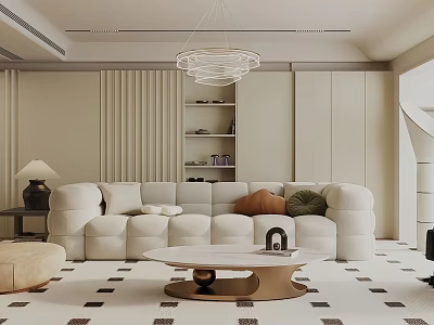 Modern Beige Living Room Interior Design With White Sofa Coffee Table And Chandelier 3d model