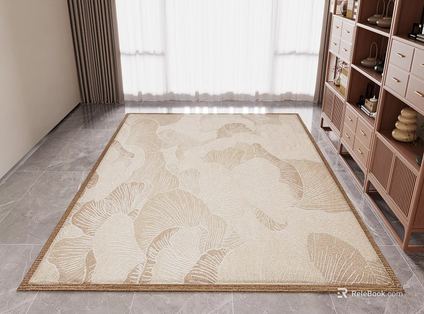 Beige Square Rug with Leaf Pattern and Brown Border for Room Floor Decoration 3d model