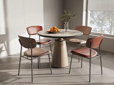 Modern Round Table and Chair Set with Marble Top and Metal Legs in Bright Room 3d model