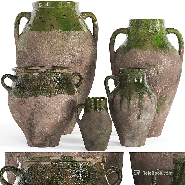 Vintage Clay Vases With Mossy Surface And Two Handled Design In Various Sizes 3d model 
