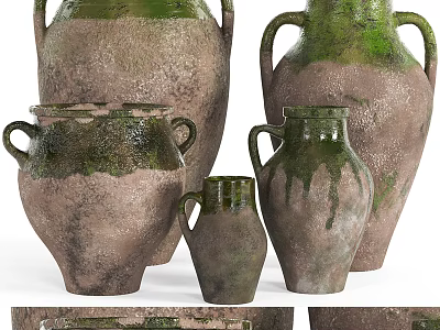 Vintage Clay Vases With Mossy Surface And Two Handled Design In Various Sizes 3d model