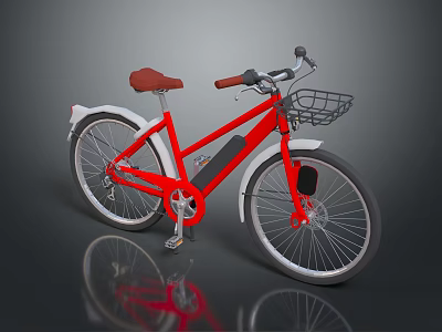 Red Modern Bicycle With Brown Seat And Front Basket For Urban Riding 3d model
