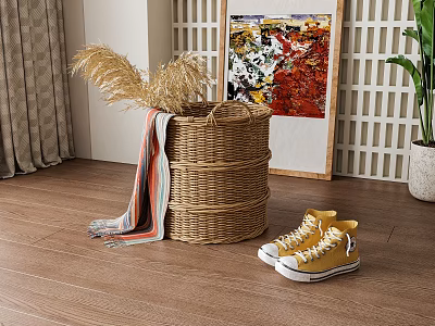 Wicker Storage Basket in Stylish Living Room Decor 3d model