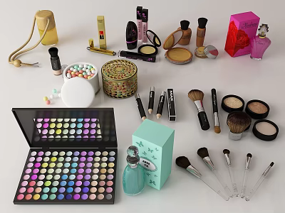 Perfume And Cosmetics Collection Featuring Eyeshadow Palette Lipsticks Makeup Brushes Blush And Powder Compacts 3d model
