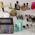 Perfume And Cosmetics Collection Featuring Eyeshadow Palette Lipsticks Makeup Brushes Blush And Powder Compacts