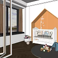 Kids Room Interior With House Shaped Wall Decor White Crib Toys Wooden Bookshelf And Rug