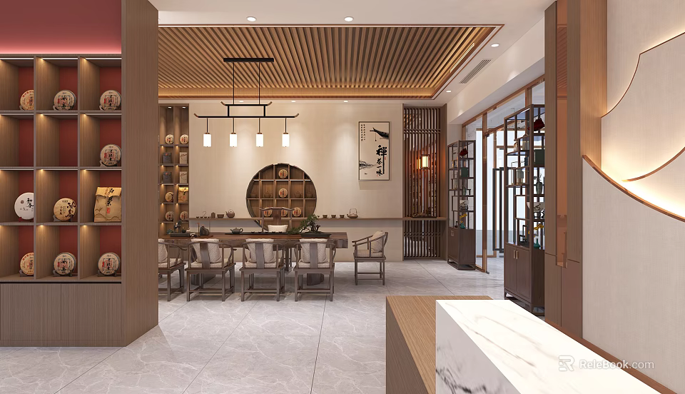 Traditional Tea House Interior With Wooden Ceiling Hanging Lamps Round Tea Cabinet And Marble Counter 3d model 