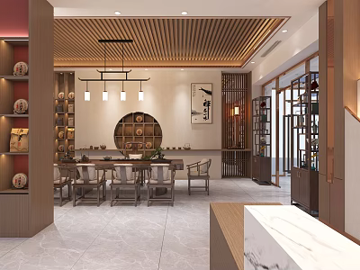 Traditional Tea House Interior With Wooden Ceiling Hanging Lamps Round Tea Cabinet And Marble Counter 3d model