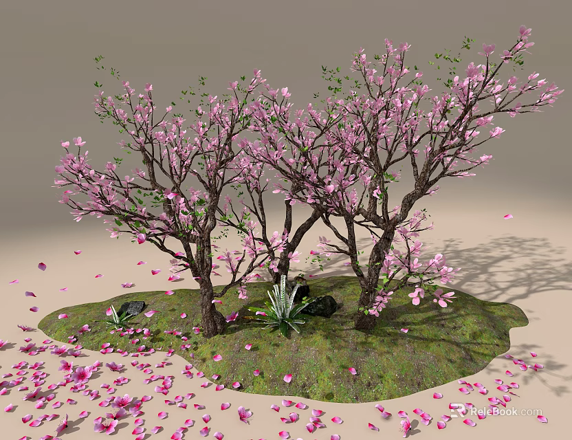 Lush Tree Pit With Pink Flowering Trees Green Grass Small Plants And Scattered Petals 3d model 