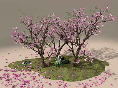Lush Tree Pit With Pink Flowering Trees Green Grass Small Plants And Scattered Petals 3d model