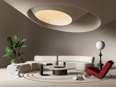 Modern Sofa Coffee Table Combination With Green Plant Round Ceiling Light And Floor Lamp 3d model
