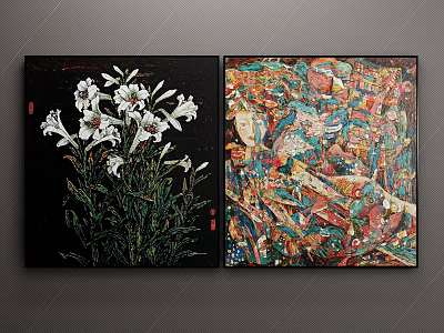 Modern Wall Art with White Lilies on Black Background and Colorful Abstract Design 3d model