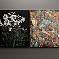 Modern Wall Art with White Lilies on Black Background and Colorful Abstract Design