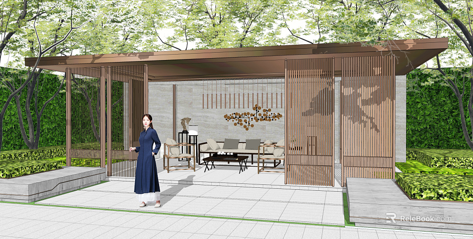 Chinese Wooden Pergola Outdoor Seating Area With Green Trees And Decorative Pendants 3d model 