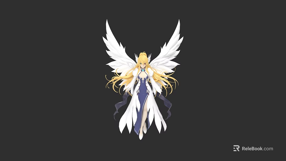 Game and Movie Character with White Wings Golden Long Hair and Blue White Dress 3d model 