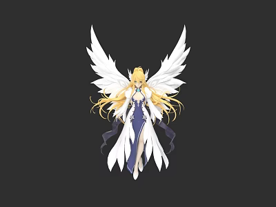Game and Movie Character with White Wings Golden Long Hair and Blue White Dress 3d model
