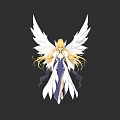 Game and Movie Character with White Wings Golden Long Hair and Blue White Dress