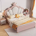 Pink Upholstered Kids Bed With Shell Shaped Headboard And Crown Decoration