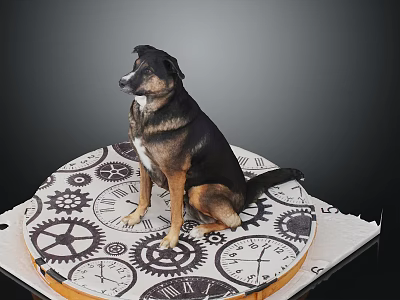 Black And Brown Dog Sitting On Round Surface With Gear And Clock Patterns 3d model