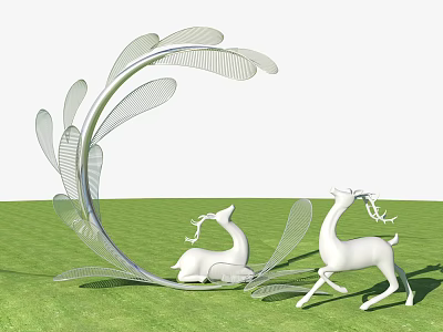 Modern Landscape Sculpture with Curved Leaf Like Structure and White Deer Figures in Grassland 3d model