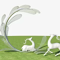 Modern Landscape Sculpture with Curved Leaf Like Structure and White Deer Figures in Grassland