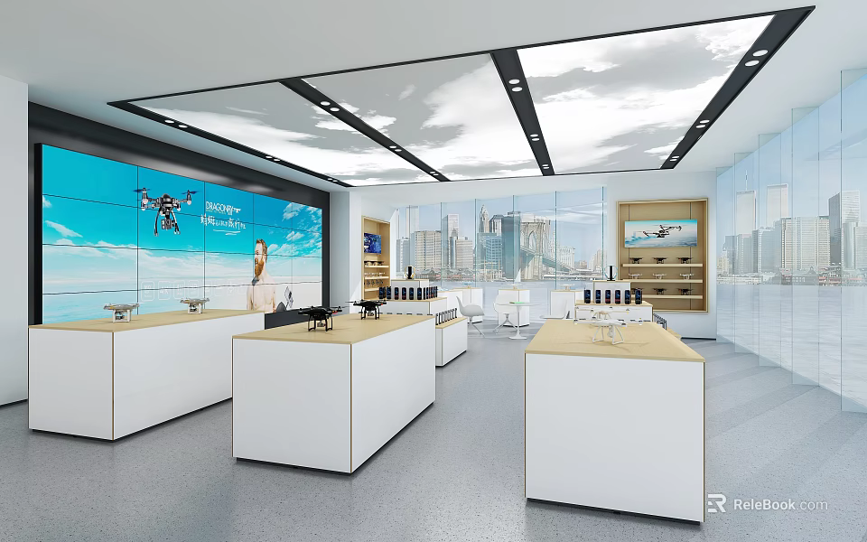 Modern Retail Store Interior With Open Layout Display Counters And Lighting Fixtures 3d model