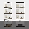 Black Frame Modern Display Shelves With Multiple Tiers Holding Packaged Items