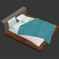Modern Double Bed With Gray Headboard Wooden Frame White Pillows White Duvet And Blue Blanket