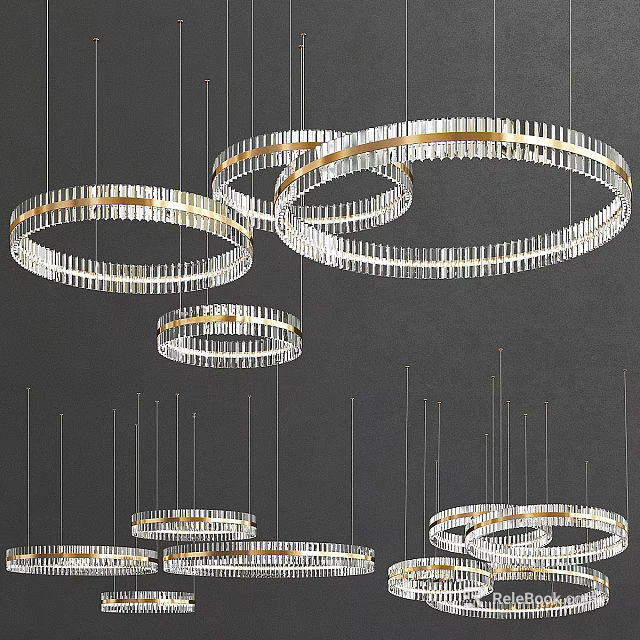 Multiple Modern Circular Chandeliers with Gold Frames and Crystal Strands Hanging Elegantly 3d model