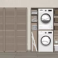 Bathroom Cabinet Rack With Brown Louvered Doors White Washer Dryer And Multi Tiered Storage Shelves