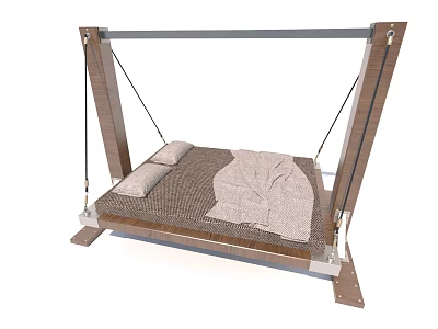 Comfortable Hammock With Mattress Soft Pillows And Blanket On Sturdy Wooden Frame 3d model