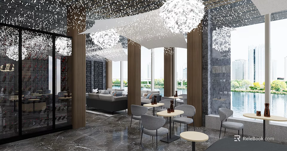 Modern Lounge Area Interior With Comfortable Sofa Round Tables And Pendant Lights 3d model 