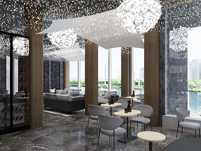 Modern Lounge Area Interior With Comfortable Sofa Round Tables And Pendant Lights 3d model