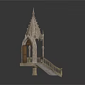 Gothic Style Pavilion Architecture With Spire Arched Door And Staircase
