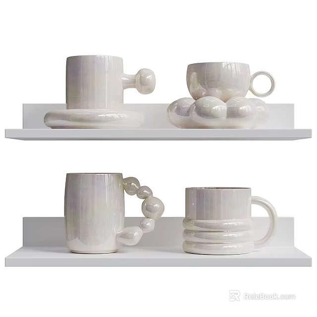 White Decorative Mugs With Unique Handles And Cloud Shaped Bases On Shelves 3d model 