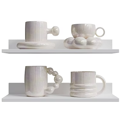 White Decorative Mugs With Unique Handles And Cloud Shaped Bases On Shelves 3d model
