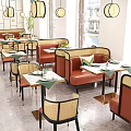 Cozy Restaurant Interior With Blue White Tile Lantern Decor Rattan Chairs And Booth Seating