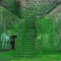 Medieval Castle Exterior With Stone Walls Stairs And Blue Costumed Figure Near Entrance