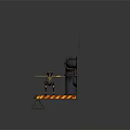 Mechanical Creature With Weapon Standing On Metal Platform With Industrial Pipes And Warning Stripes