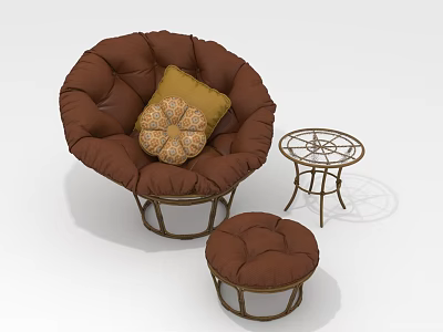 Brown Round Single Sofa With Yellow Patterned Cushion Ottoman And Side Table 3d model
