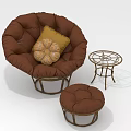 Brown Round Single Sofa With Yellow Patterned Cushion Ottoman And Side Table 3d model
