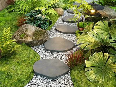 Lush Garden Landscape Design With Stepping Stones Green Grass And Tropical Plants 3d model